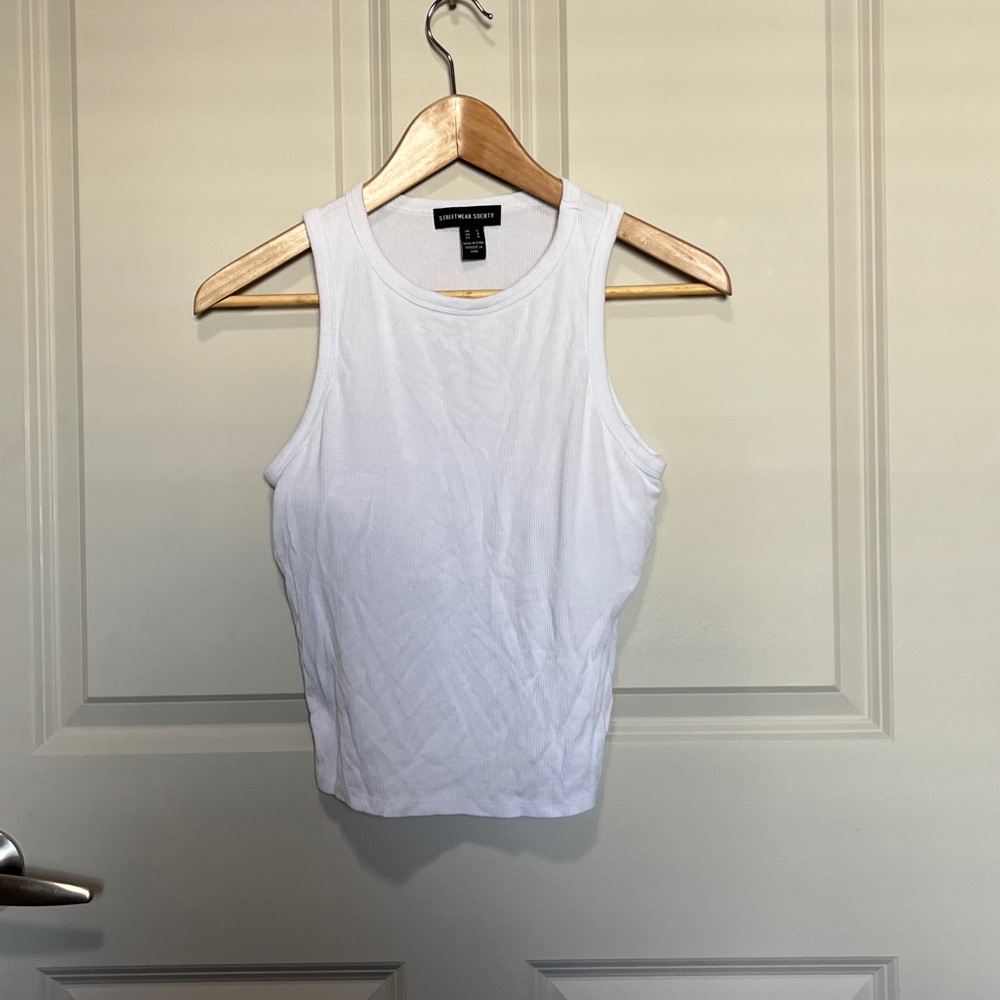 Streetwear Society while ribbed Razorback Tank built in non-removable bra large